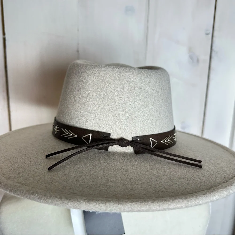 Frye Felt & Faux Leather‎ Embellished Wide Brim Rancher Cowgirl Hat Southwestern - Picture 9 of 12